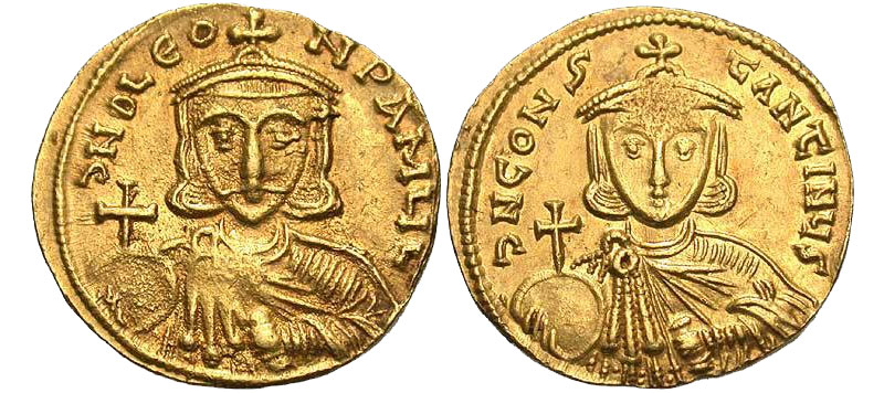 Монеты с изображением Льва III Исавра (слева) и его сына Константина V