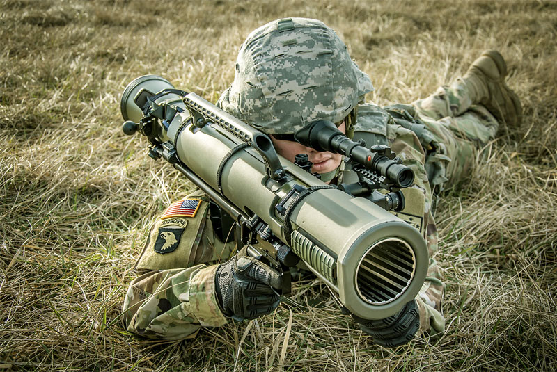A Soldier tests the M3E1 Multi-role Anti-armor Anti-personnel Weapon System.